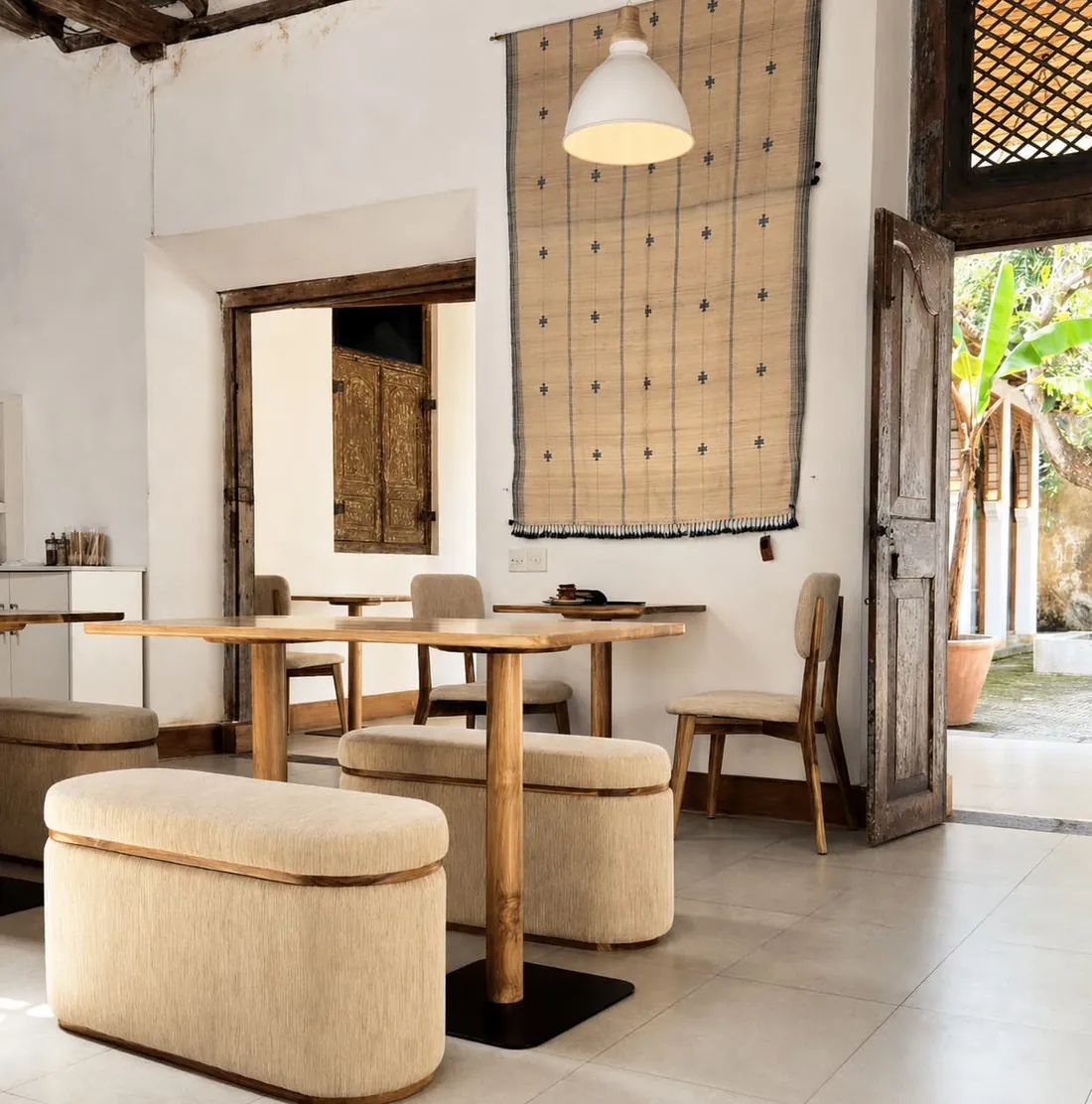 Timber tables and upholstered benches inside, an open door onto the courtyard beyond.
