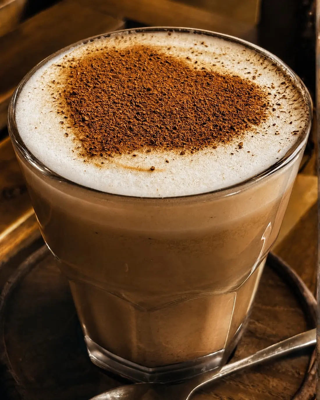 A cappuccino in a glass with a cocoa heart dusted across the foam.